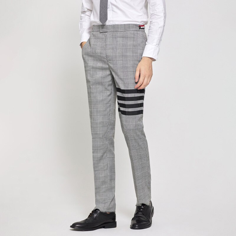 THOM TB Grid Suit Spring Autunm Fashion Brand Men Trousers Black 4-Bar Stripe Luxury Offcial Casual Men&s Pants